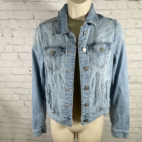 Garage Distressed Light Wash Blue Denim Button Up Collared Jean Jacket Women’s S - Picture 1 of 10